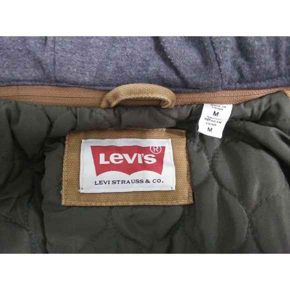 Levis Jacket Men's Medium Brown Lined Zip Snap Canvas Hoodie Trucker Coat - Picture 3 of 10